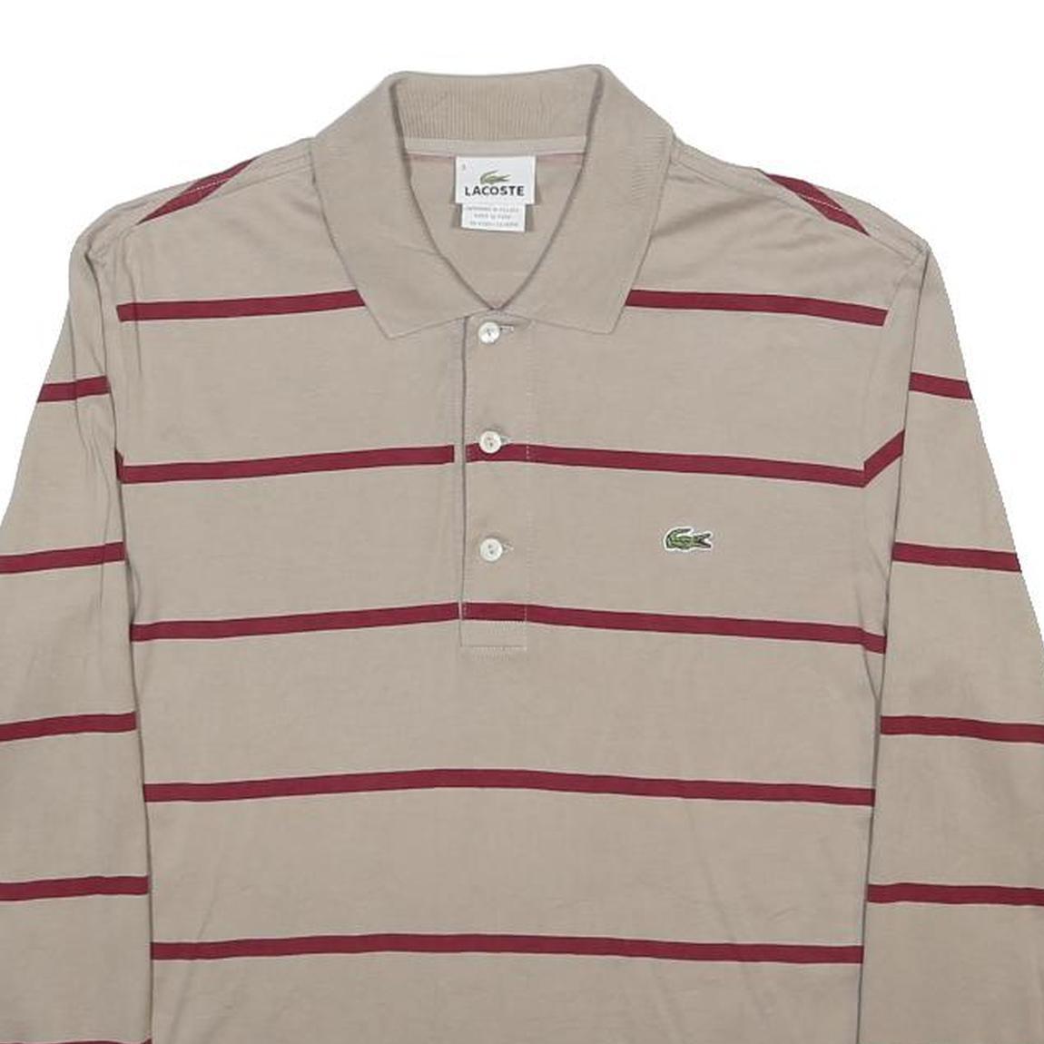 LACOSTE Mens Beige & Red Striped Long Sleeve Polo Shirt S Cotton Classic