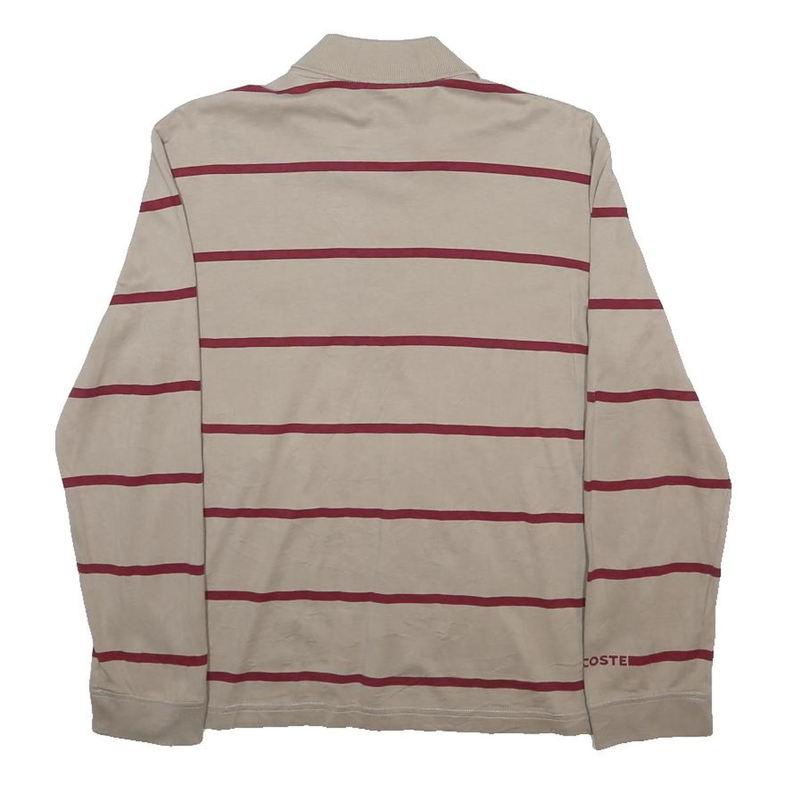 LACOSTE Mens Beige & Red Striped Long Sleeve Polo Shirt S Cotton Classic