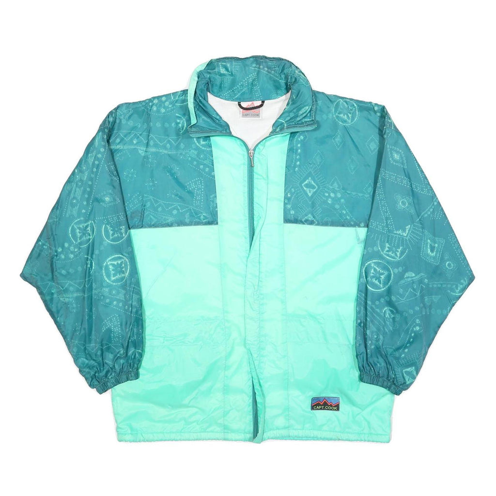CAPT COOK Mens Green & Teal Polyester Blend Zip Jacket L Vintage 90s Windbreaker