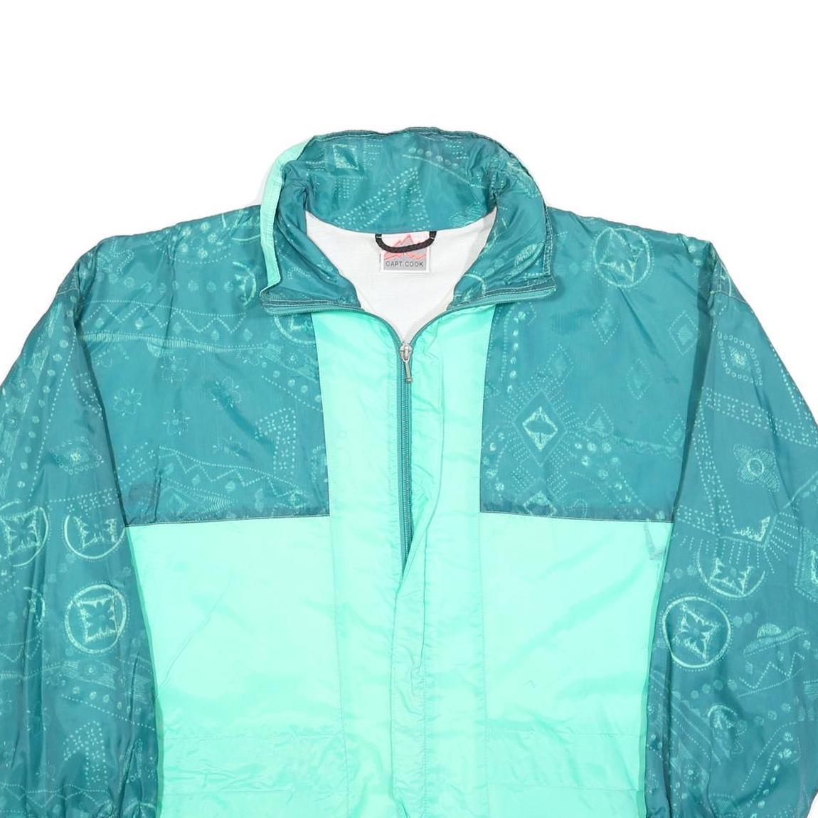 CAPT COOK Mens Green & Teal Polyester Blend Zip Jacket L Vintage 90s Windbreaker