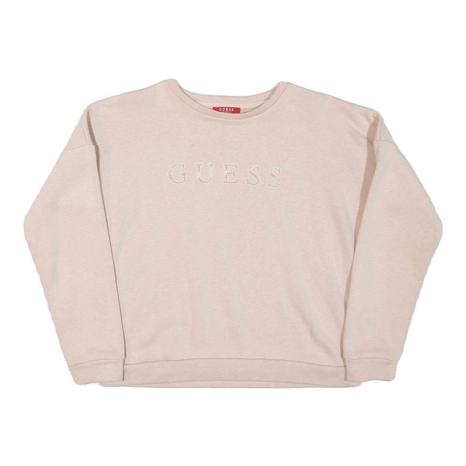 GUESS Womens Cream Sweatshirt Crew Neck S Embroidered Logo Casual Pullover