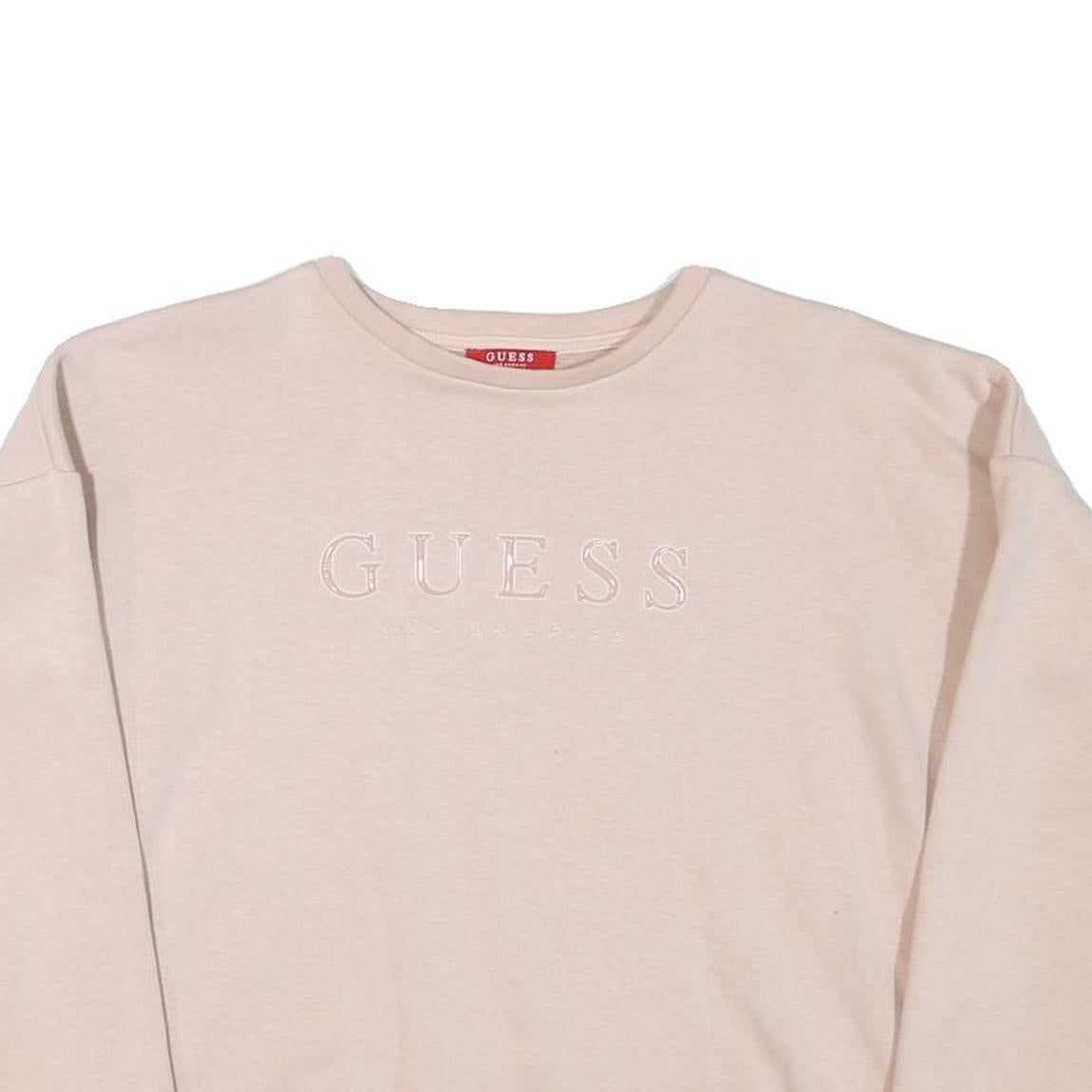 GUESS Womens Cream Sweatshirt Crew Neck S Embroidered Logo Casual Pullover