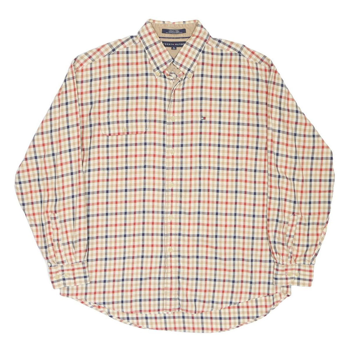 TOMMY HILFIGER Mens Beige & Red Checked Shirt XL Button Down Casual Cotton