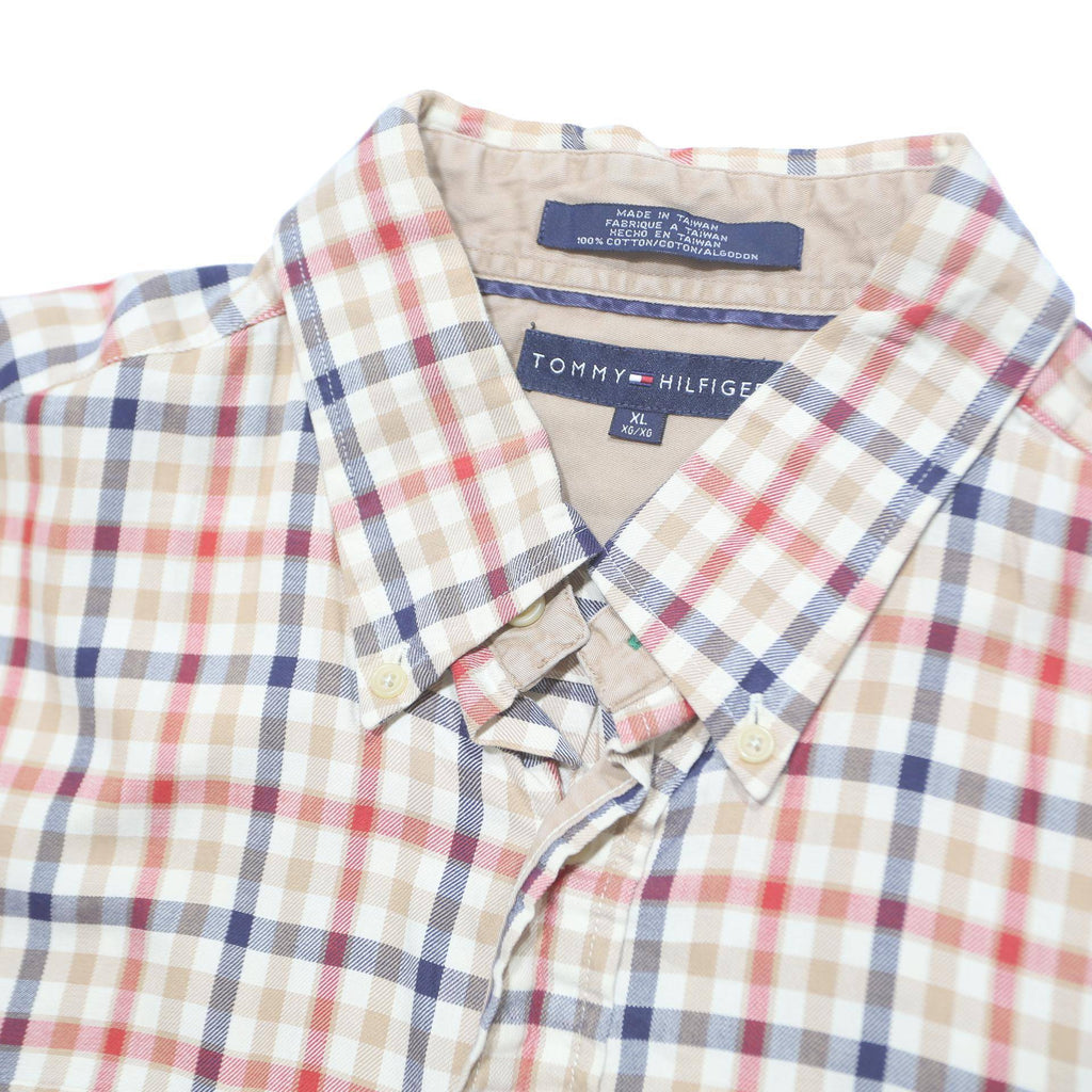 TOMMY HILFIGER Mens Beige & Red Checked Shirt XL Button Down Casual Cotton