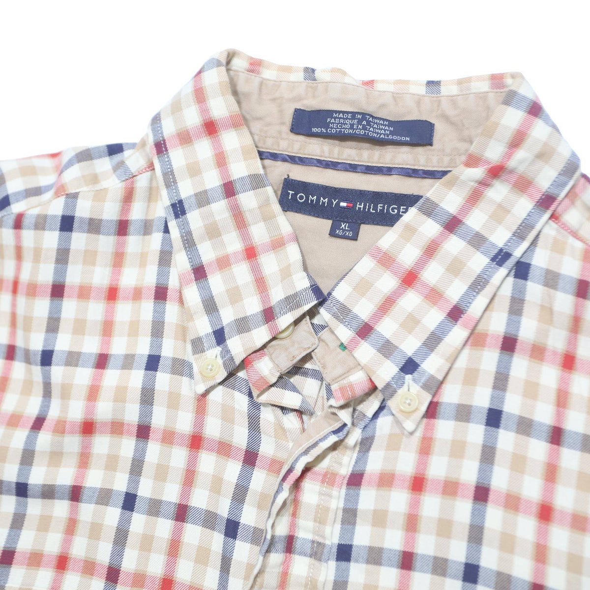 TOMMY HILFIGER Mens Beige & Red Checked Shirt XL Button Down Casual Cotton