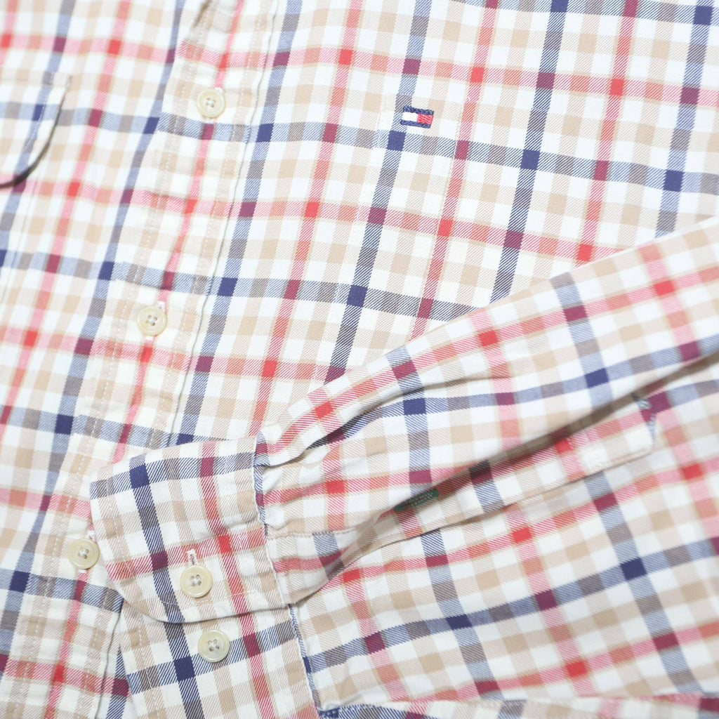 TOMMY HILFIGER Mens Beige & Red Checked Shirt XL Button Down Casual Cotton