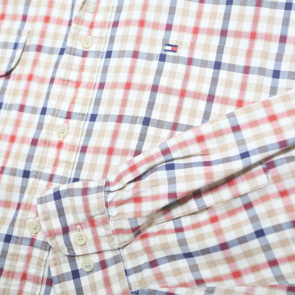 TOMMY HILFIGER Mens Beige & Red Checked Shirt XL Button Down Casual Cotton