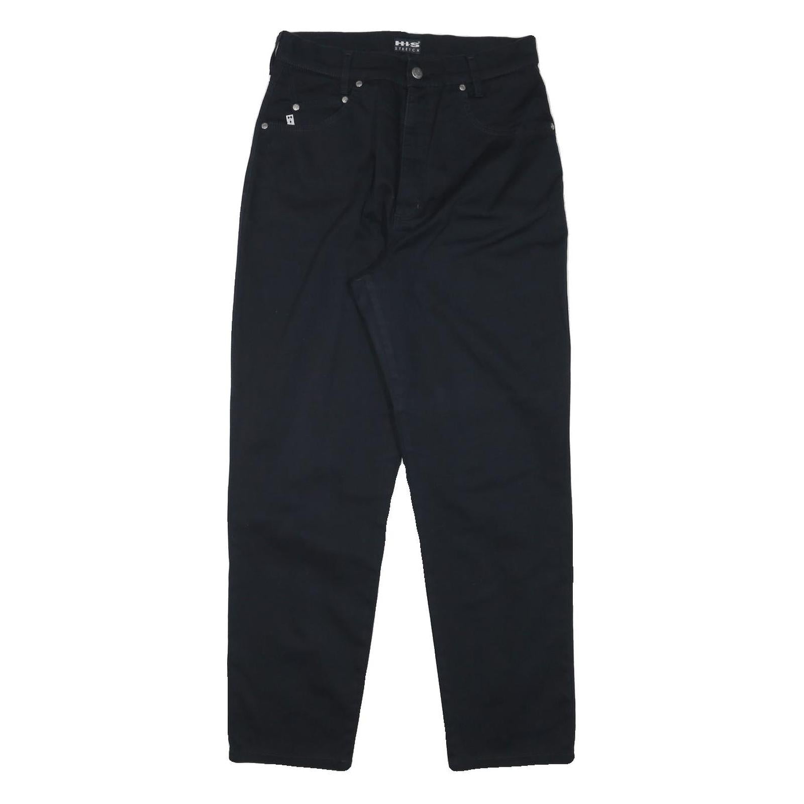 HIS Mens Cotton Blend Black Regular Fit Straight Leg Trousers W28 L28 Zip