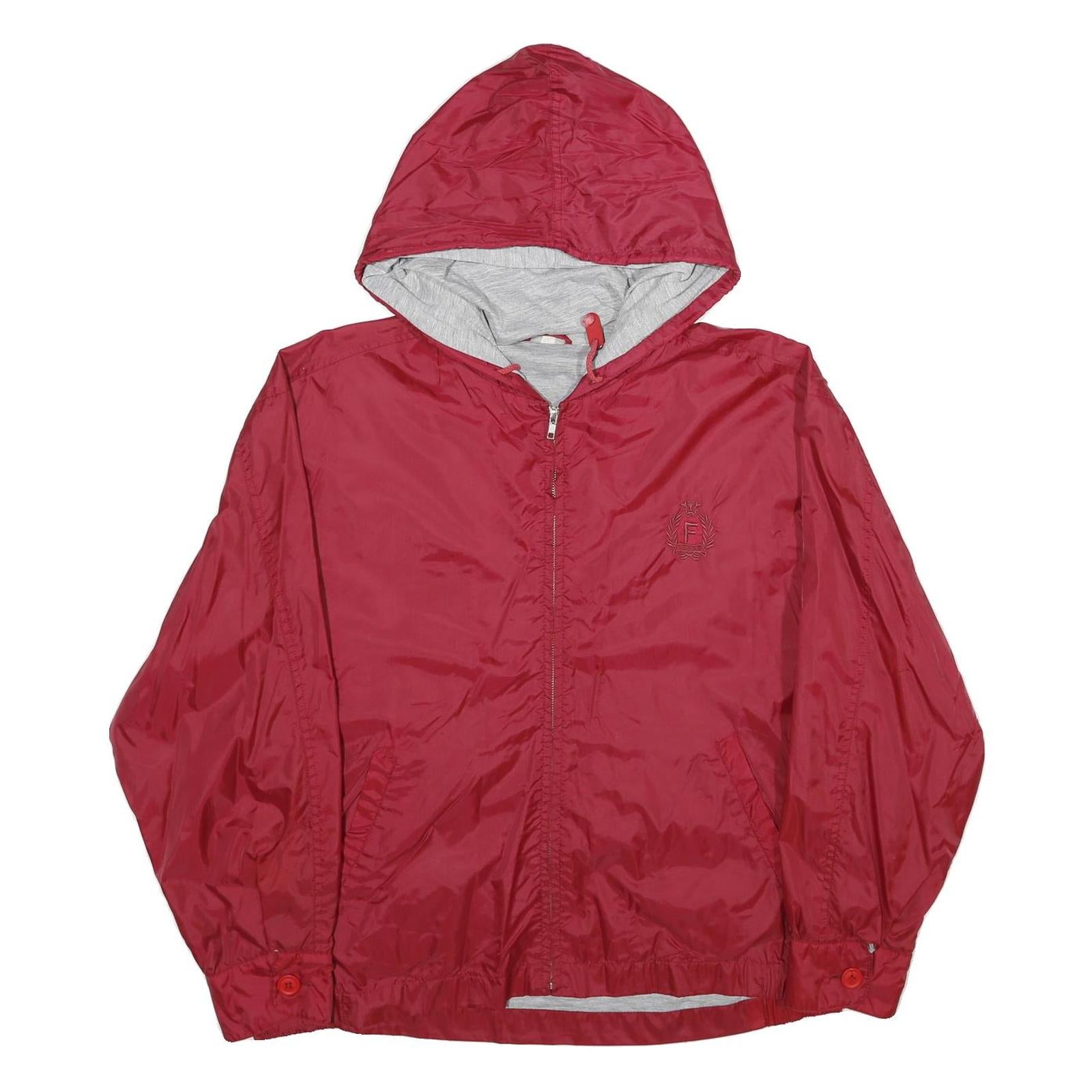 F GOODS Mens Red Nylon Zip Hooded Jacket L Lightweight Casual Outerwear