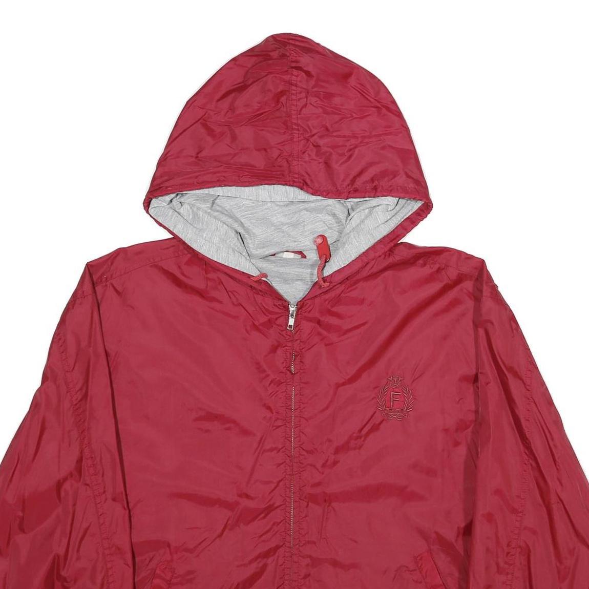 F GOODS Mens Red Nylon Zip Hooded Jacket L Lightweight Casual Outerwear