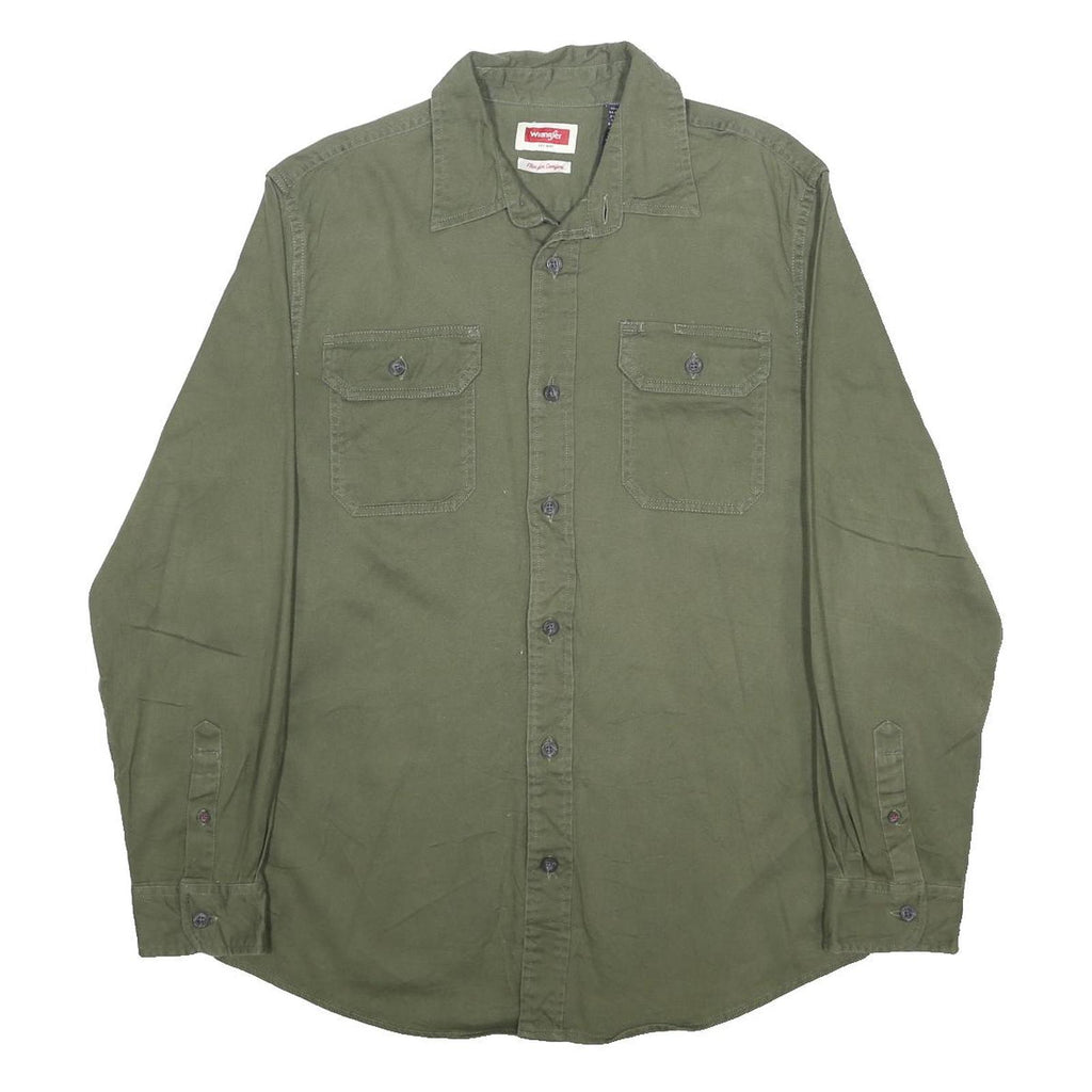 WRANGLER Mens Green Plain Shirt M Cotton Blend Casual Button Up Long Sleeve