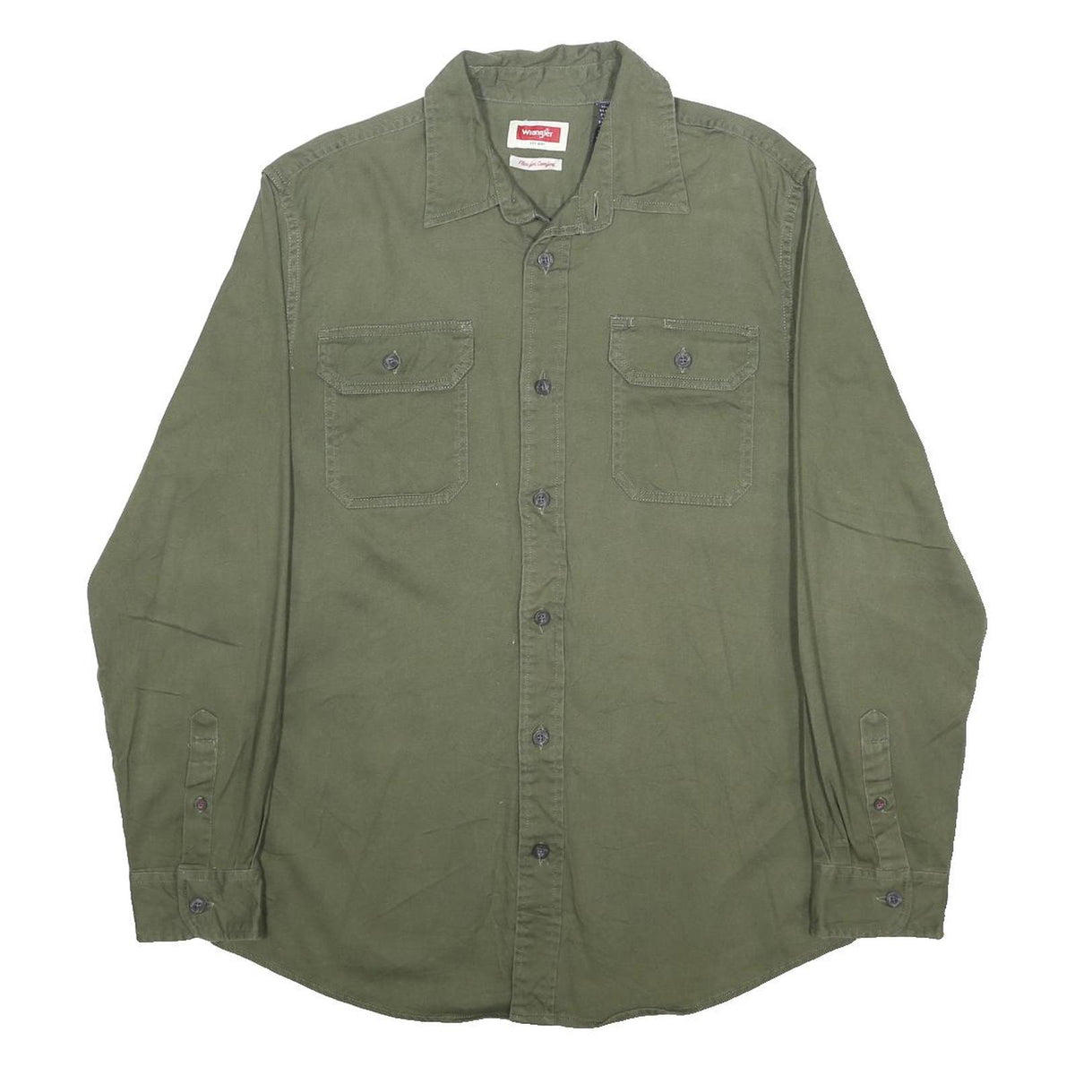 WRANGLER Mens Green Plain Shirt M Cotton Blend Casual Button Up Long Sleeve