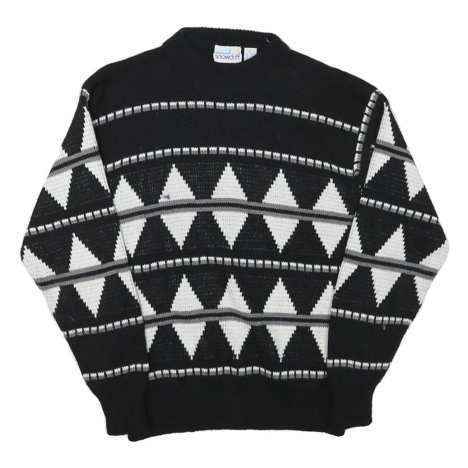 SNOWDRIFT Mens Black & White Patterned Pullover Jumper Crew Neck Chunky Knit L