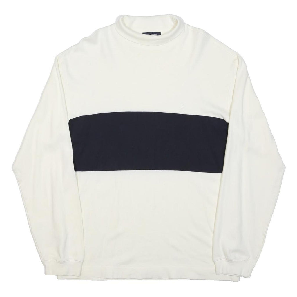 NAUTICA Mens White & Navy Plain Pullover Crew Neck Basic Knit XL Jumper Cotton