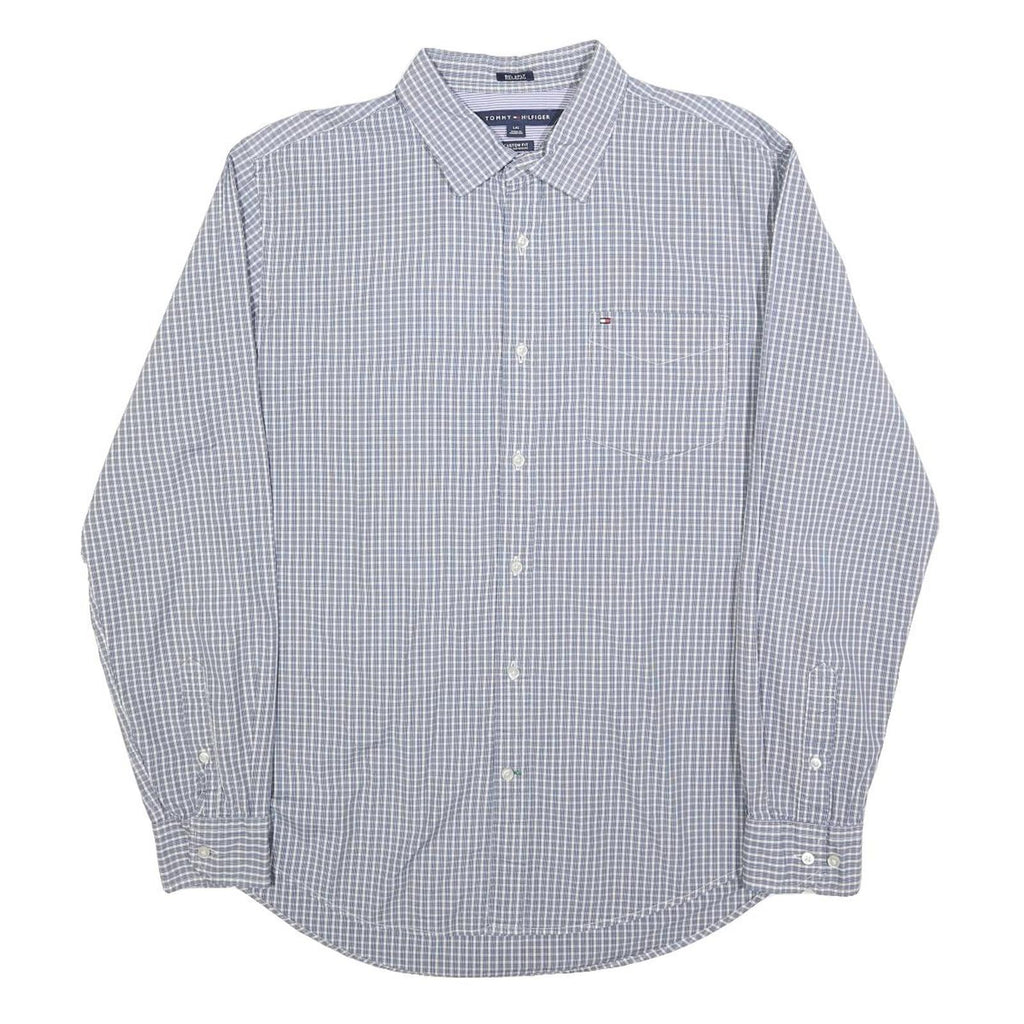 TOMMY HILFIGER Mens Blue Check Shirt L Cotton Blend Long Sleeve Button Collar