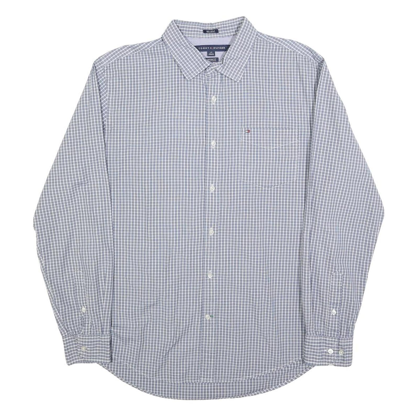 TOMMY HILFIGER Mens Blue Check Shirt L Cotton Blend Long Sleeve Button Collar