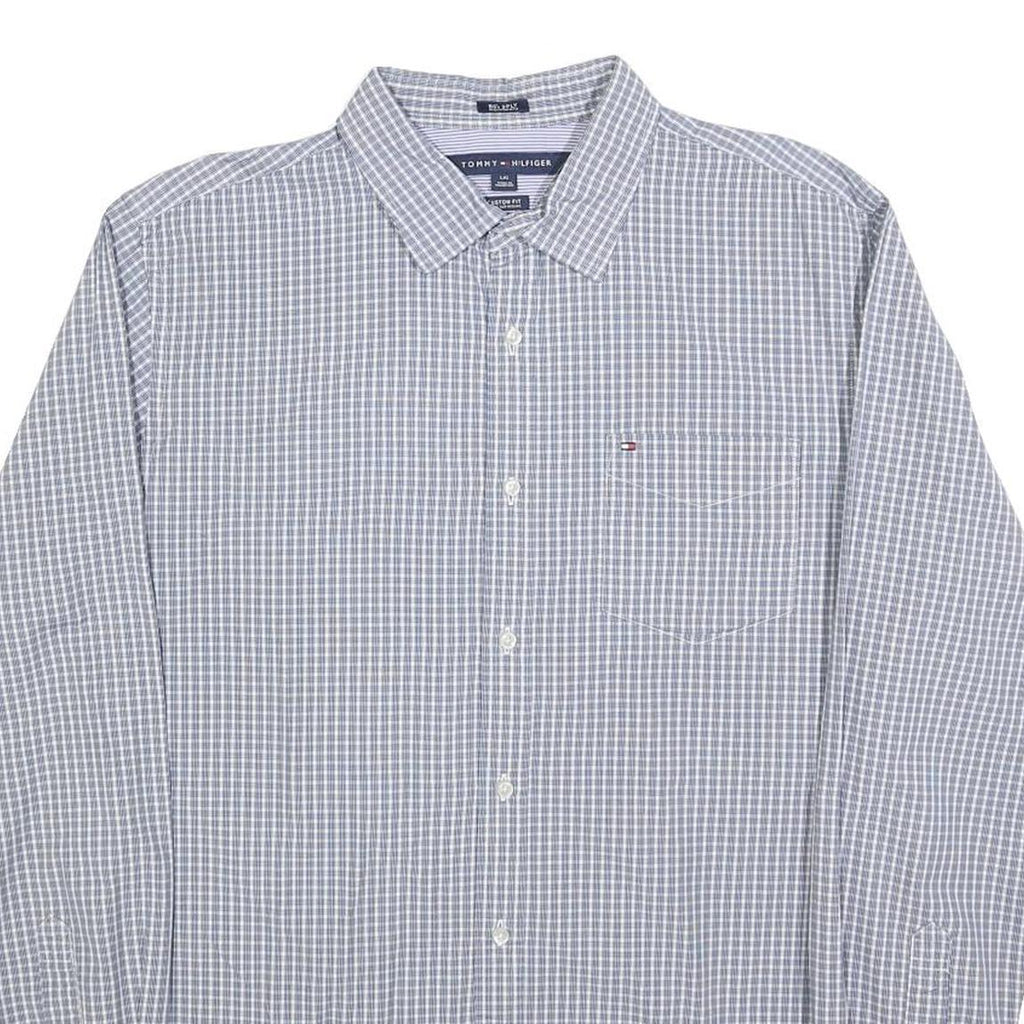 TOMMY HILFIGER Mens Blue Check Shirt L Cotton Blend Long Sleeve Button Collar
