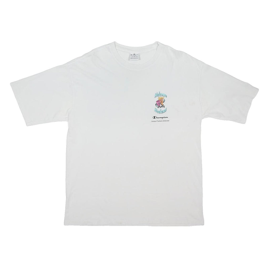 CHAMPION Mens White Welcome Weekend Graphic T-Shirt L Short Sleeve Crew Neck