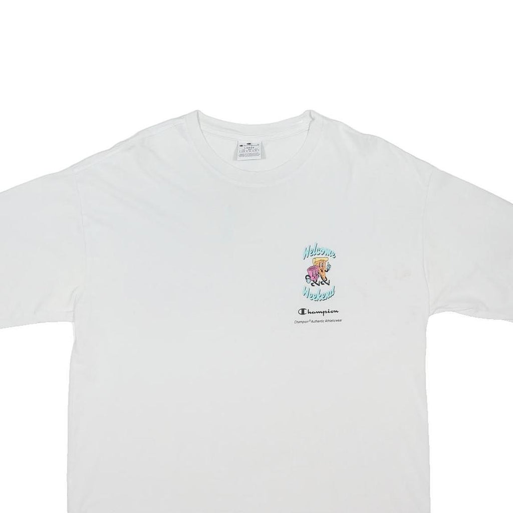 CHAMPION Mens White Welcome Weekend Graphic T-Shirt L Short Sleeve Crew Neck