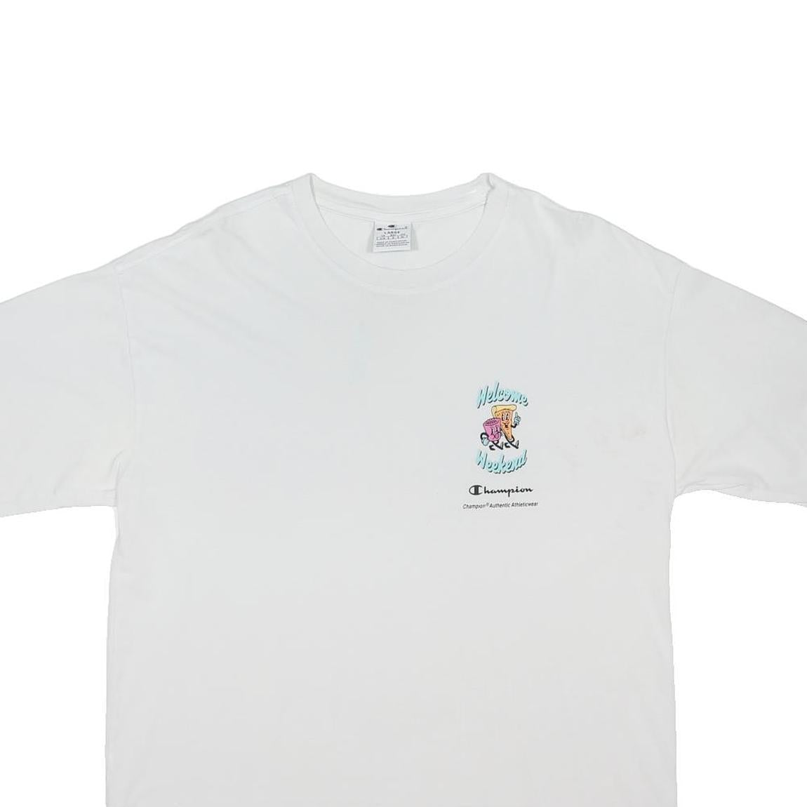 CHAMPION Mens White Welcome Weekend Graphic T-Shirt L Short Sleeve Crew Neck