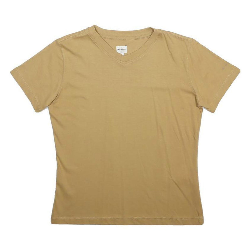 CALVIN KLEIN JEANS Womens Beige V-Neck T-Shirt L Cotton Blend Short Sleeve