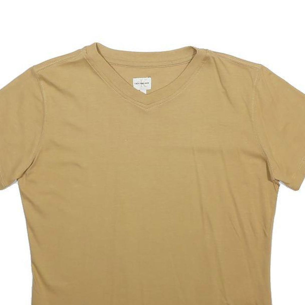 CALVIN KLEIN JEANS Womens Beige V-Neck T-Shirt L Cotton Blend Short Sleeve