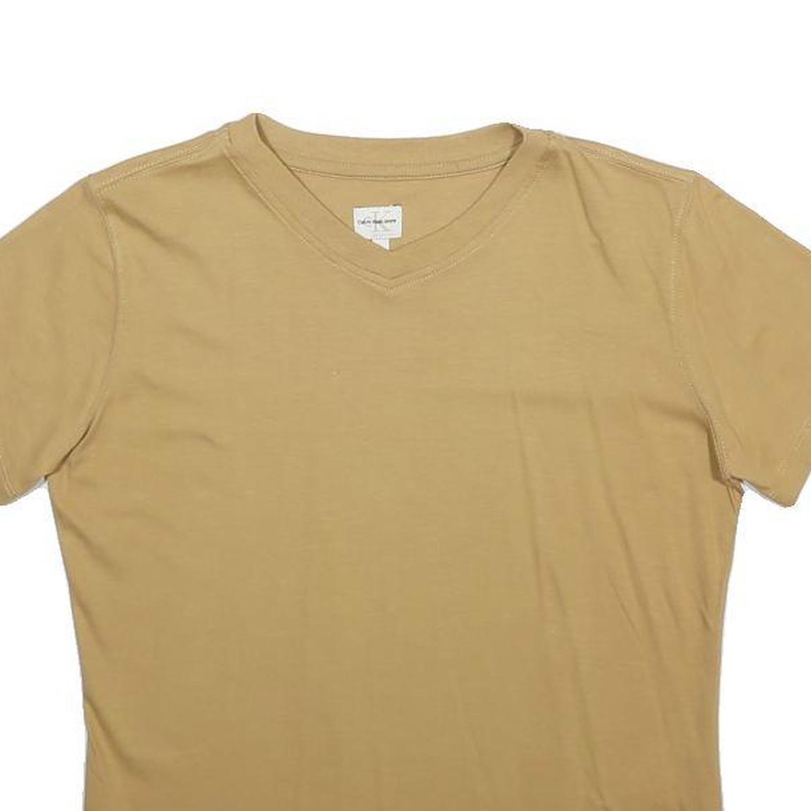 CALVIN KLEIN JEANS Womens Beige V-Neck T-Shirt L Cotton Blend Short Sleeve