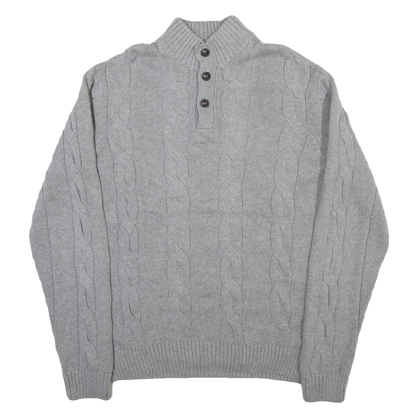CHAPS Mens Grey Cable Knit Cotton Pullover Roll Neck Jumper L Chestnut Buttons