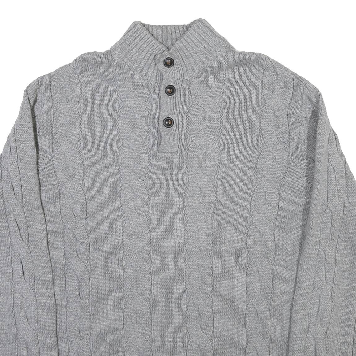 CHAPS Mens Grey Cable Knit Cotton Pullover Roll Neck Jumper L Chestnut Buttons