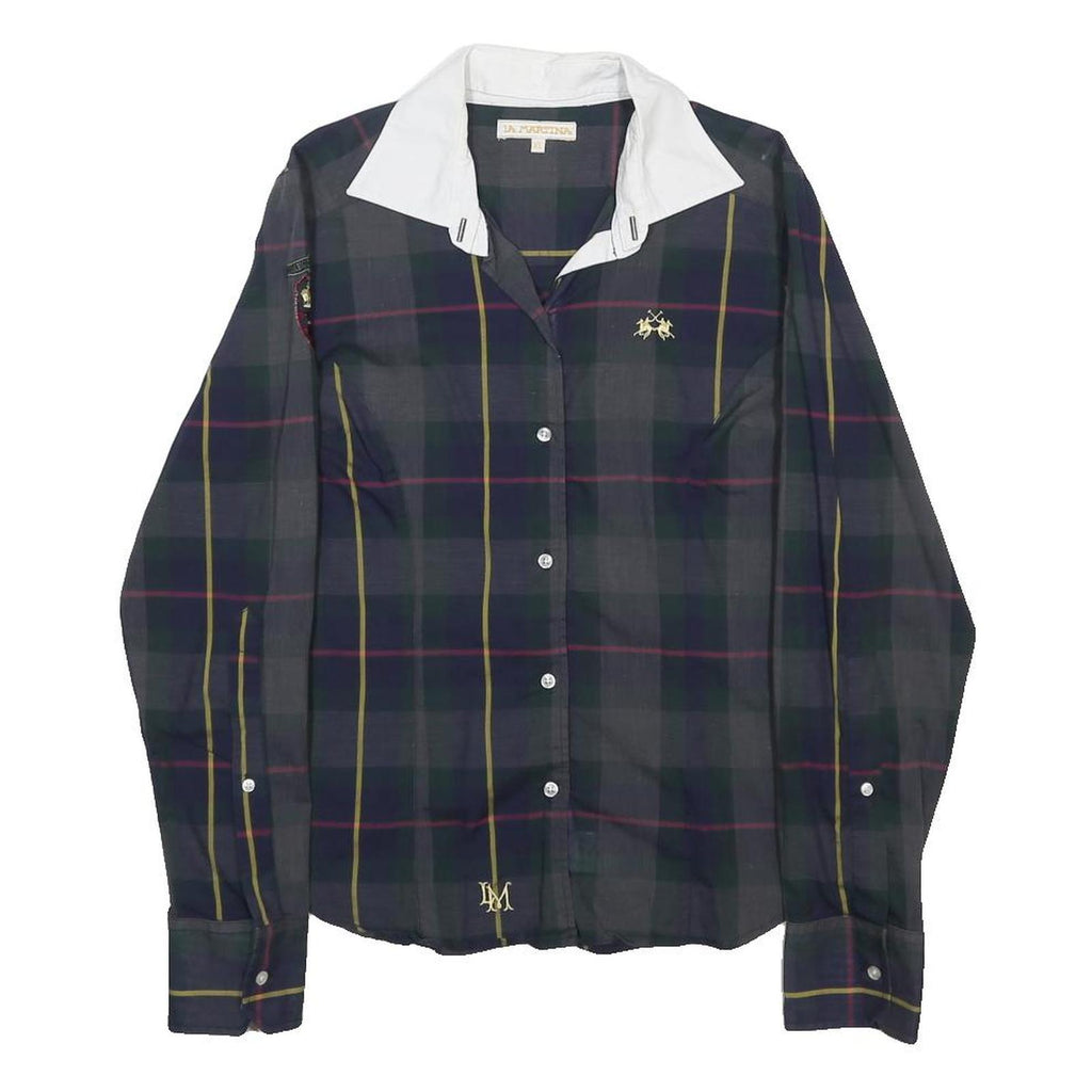 LA MARTINA Womens Blue & Yellow Check Shirt XL Embroidered Crest Button Collar