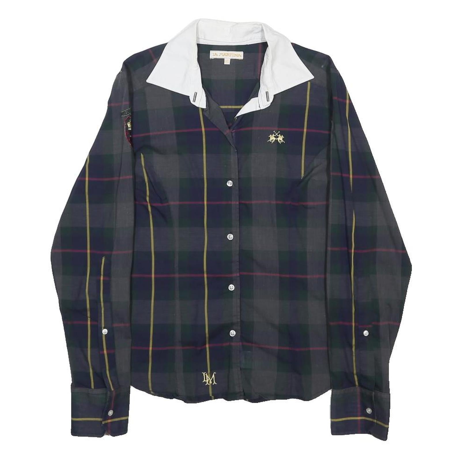 LA MARTINA Womens Blue & Yellow Check Shirt XL Embroidered Crest Button Collar
