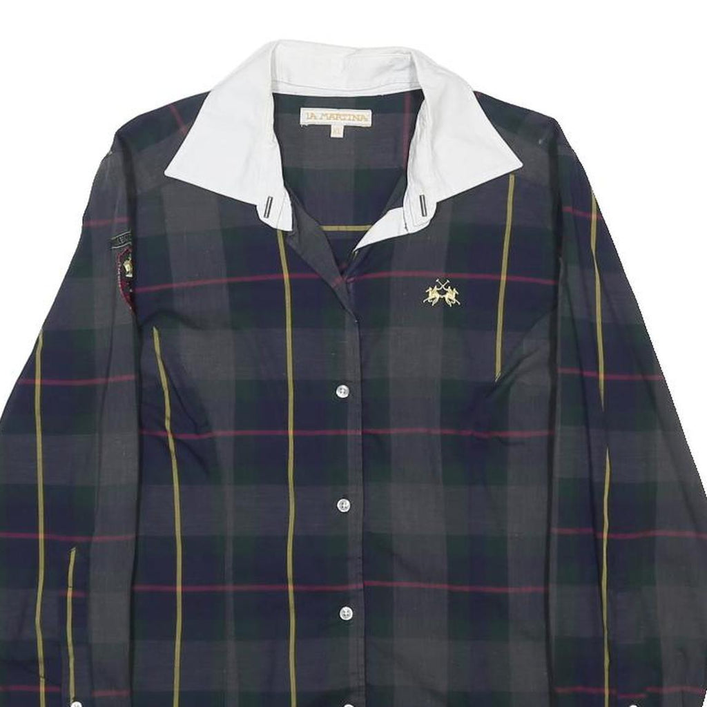 LA MARTINA Womens Blue & Yellow Check Shirt XL Embroidered Crest Button Collar