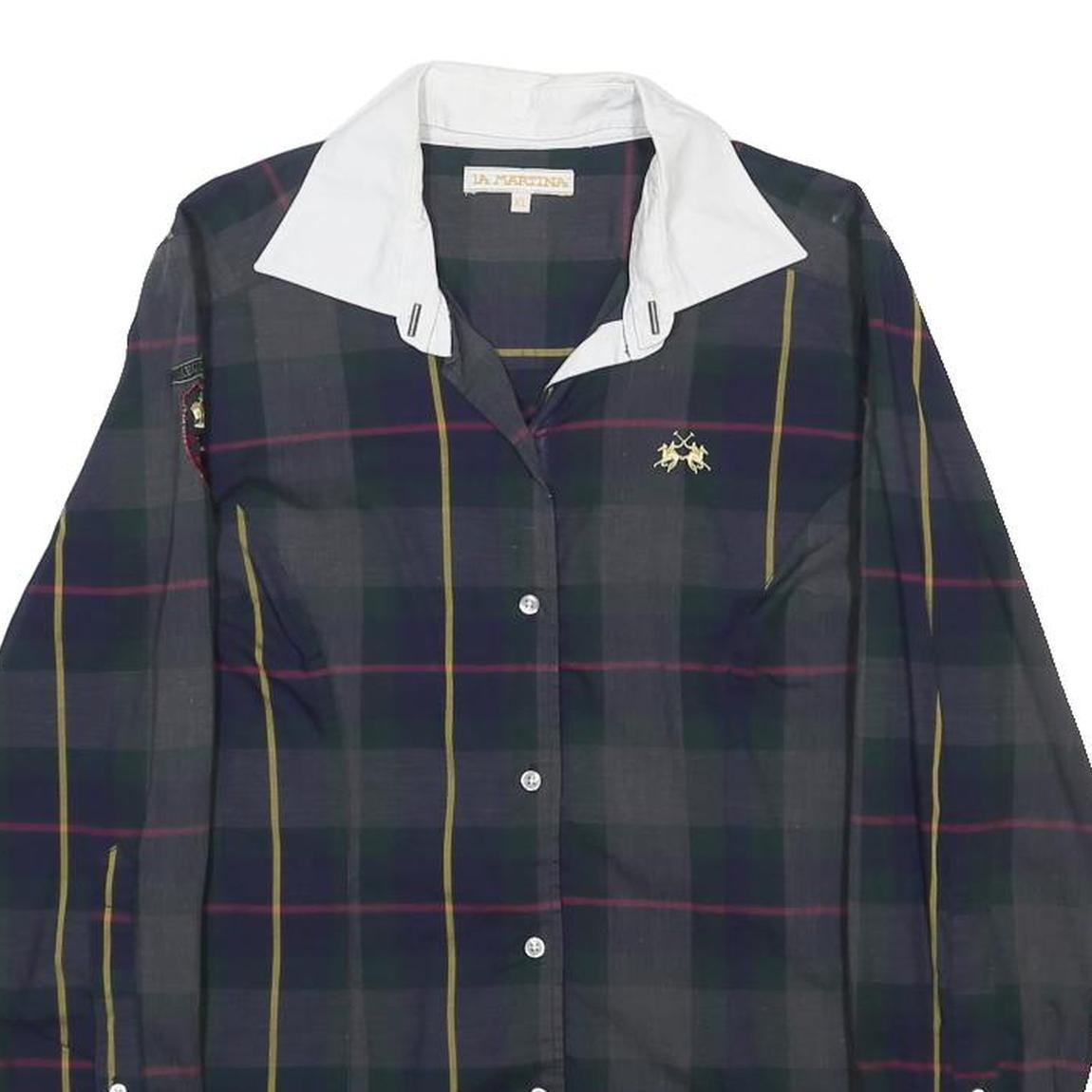 LA MARTINA Womens Blue & Yellow Check Shirt XL Embroidered Crest Button Collar