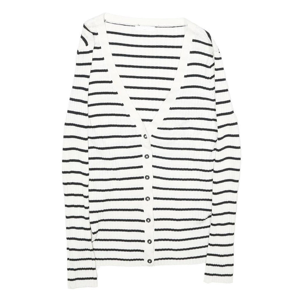 H&M Womens White & Black Striped Patterned Button Up Cardigan V-Neck Rib Knit XS
