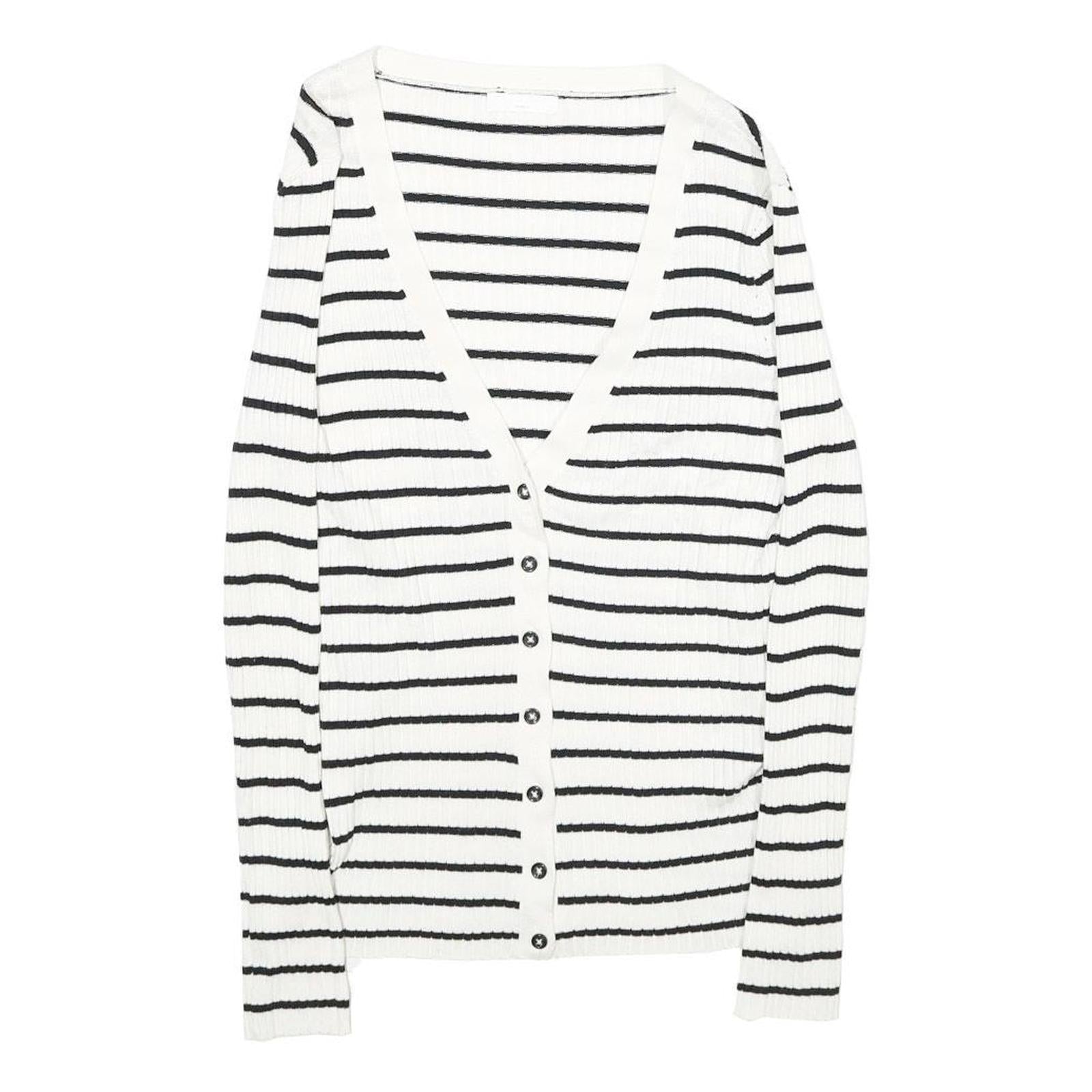 H&M Womens White & Black Striped Patterned Button Up Cardigan V-Neck Rib Knit XS