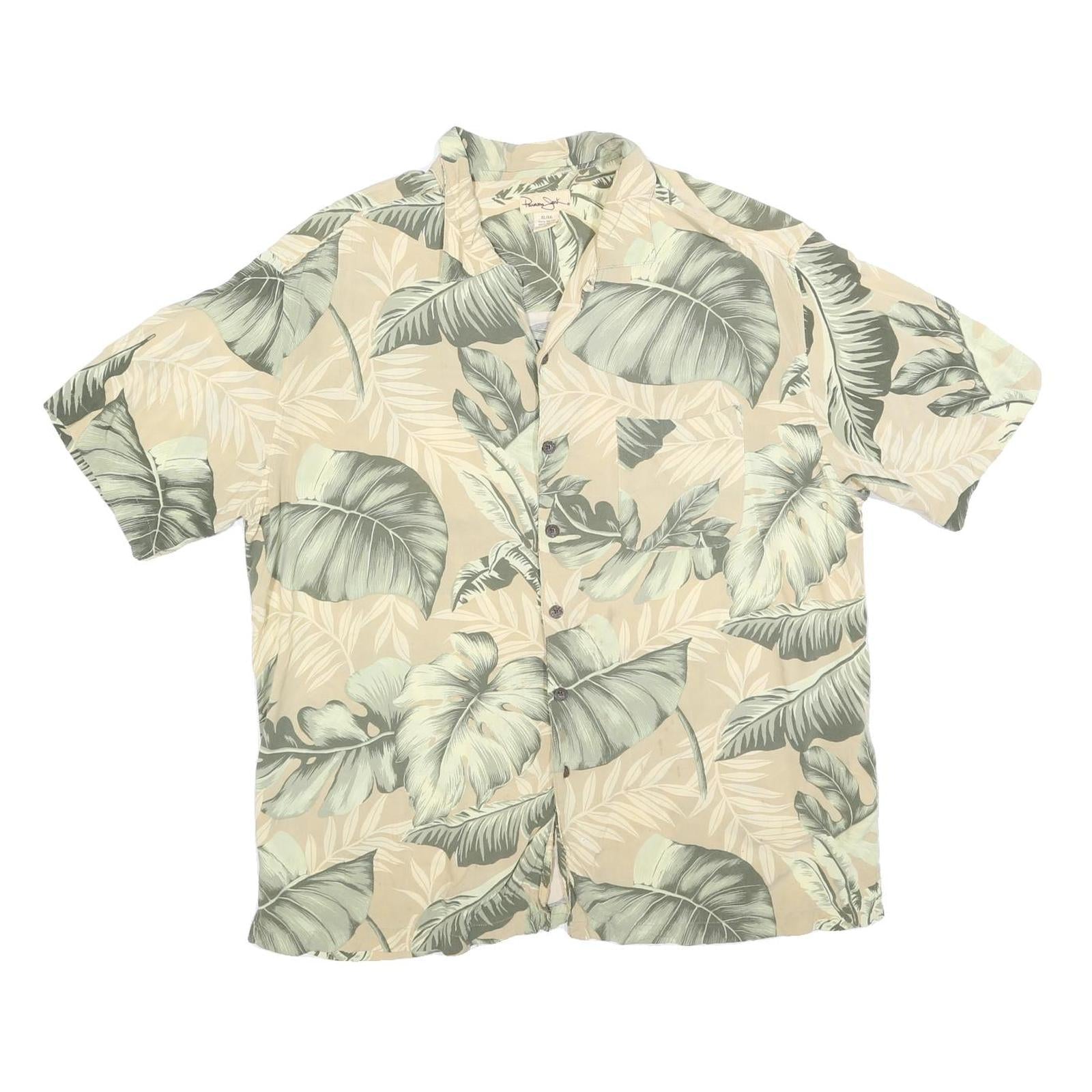 PAVANA JACK Mens Beige & Green Rayon XL Tropical Leaf Print Shirt Summer Casual