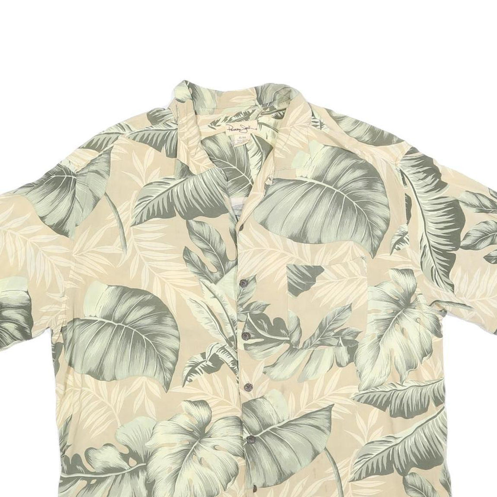 PAVANA JACK Mens Beige & Green Rayon XL Tropical Leaf Print Shirt Summer Casual