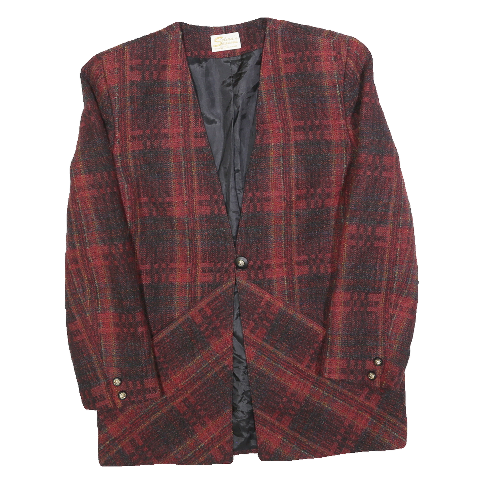 SELINAS SEASON Womens Red & Black Check Wool Blend Button Jacket M