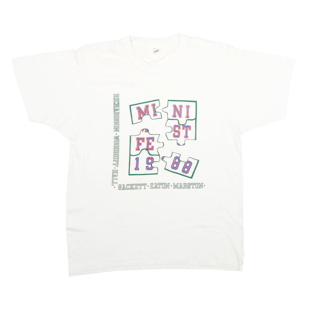 SCREEN STARS Mens White Graphic T-Shirt L Short Sleeve Crew Neck Puzzle Design