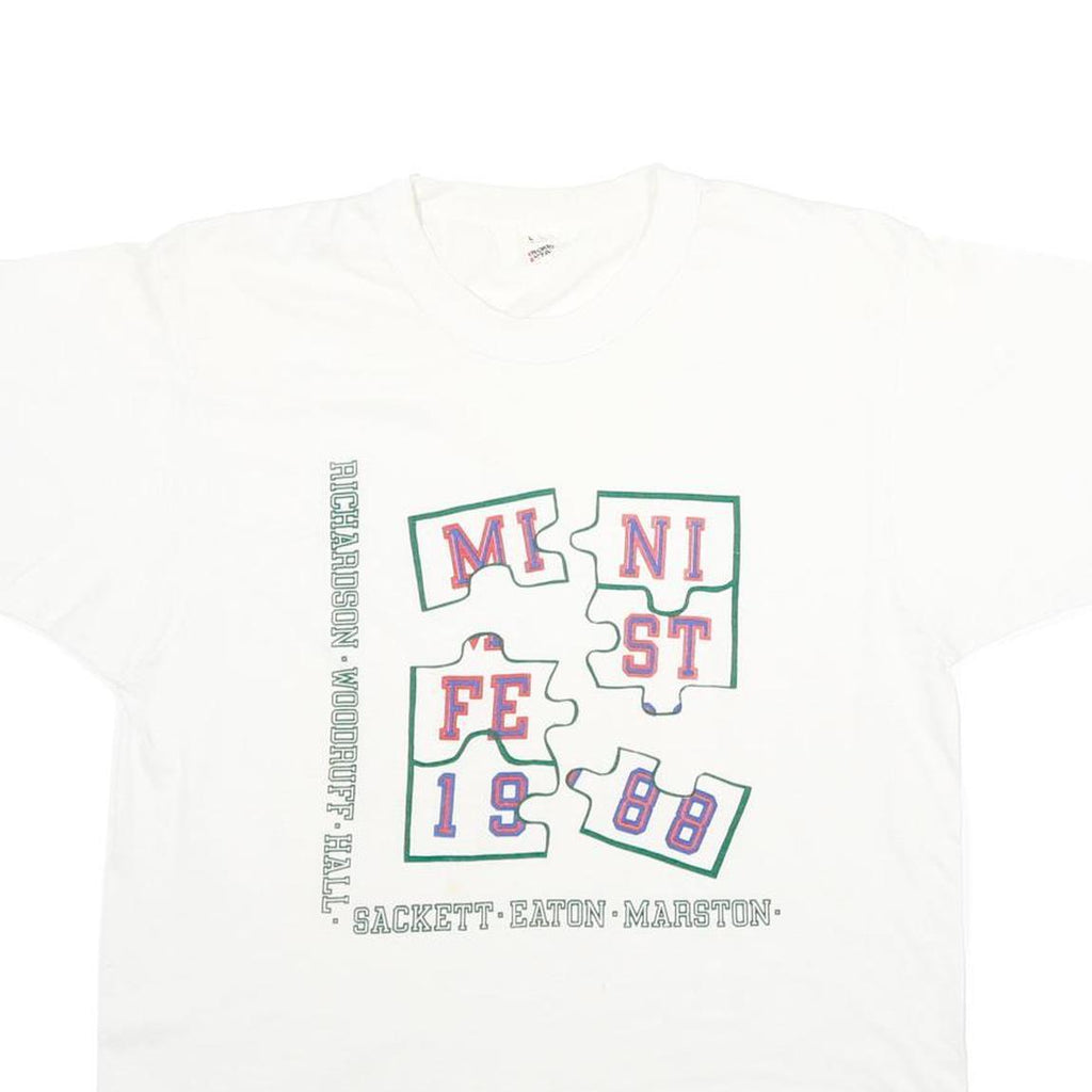 SCREEN STARS Mens White Graphic T-Shirt L Short Sleeve Crew Neck Puzzle Design