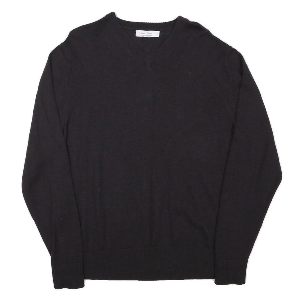 CALVIN KLEIN JEANS Mens Black Plain Wool Pullover V-Neck M Jumper
