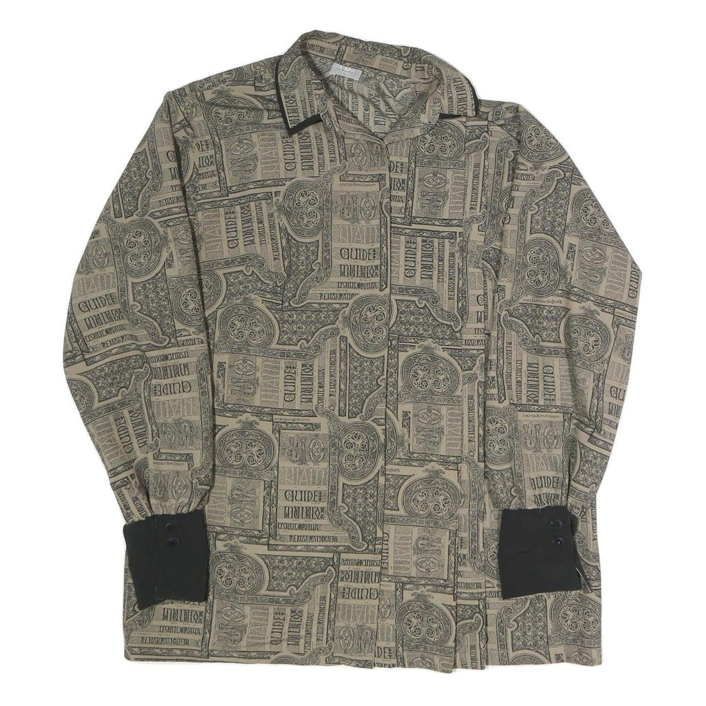 Womens Beige Printed Shirt Long Sleeve Collared L Stylish Patterned Top