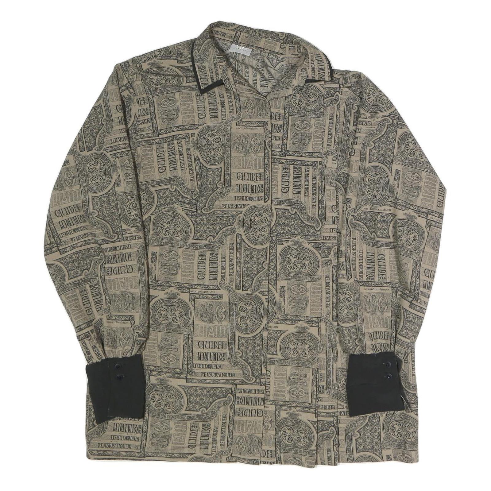 Womens Beige Printed Shirt Long Sleeve Collared L Stylish Patterned Top