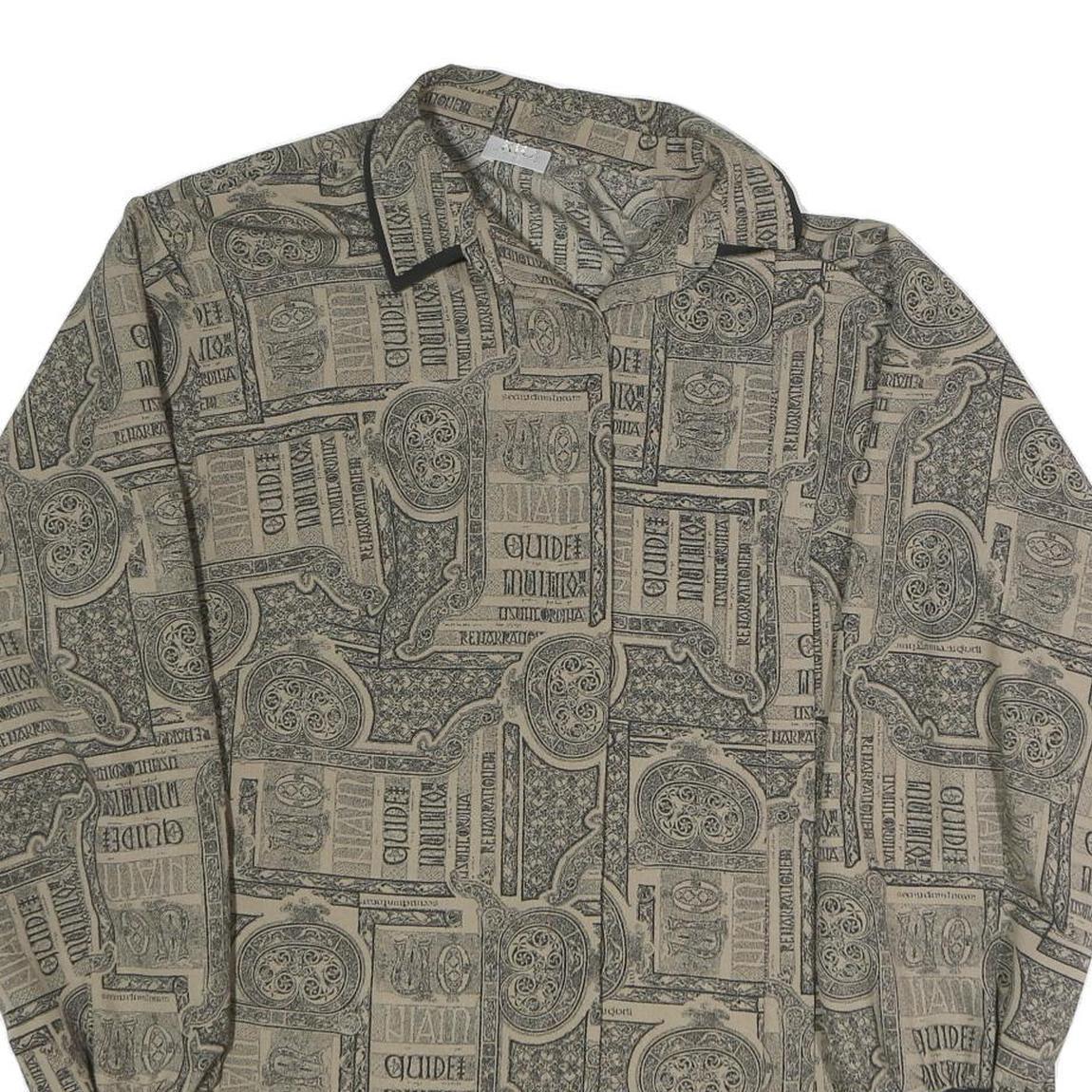 Womens Beige Printed Shirt Long Sleeve Collared L Stylish Patterned Top