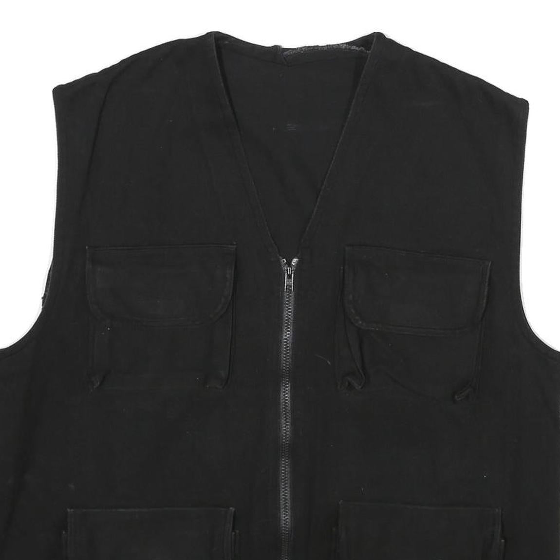 Mens Black Cotton Utility Vest Jacket L Plain Zip Pocket Workwear