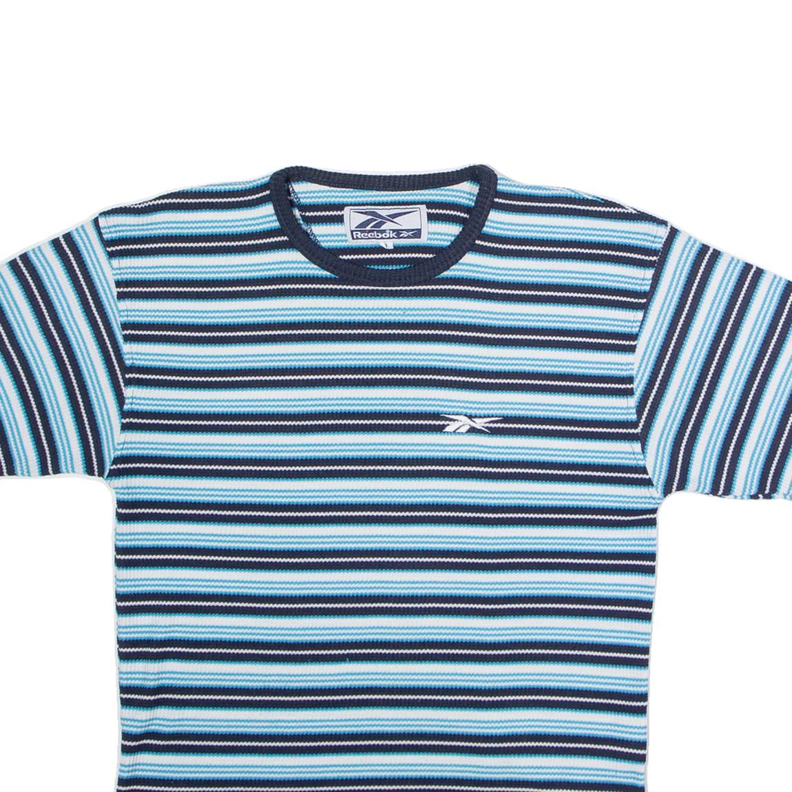 REEBOK Striped Knit Womens T-Shirt Blue Crew Neck UK 8