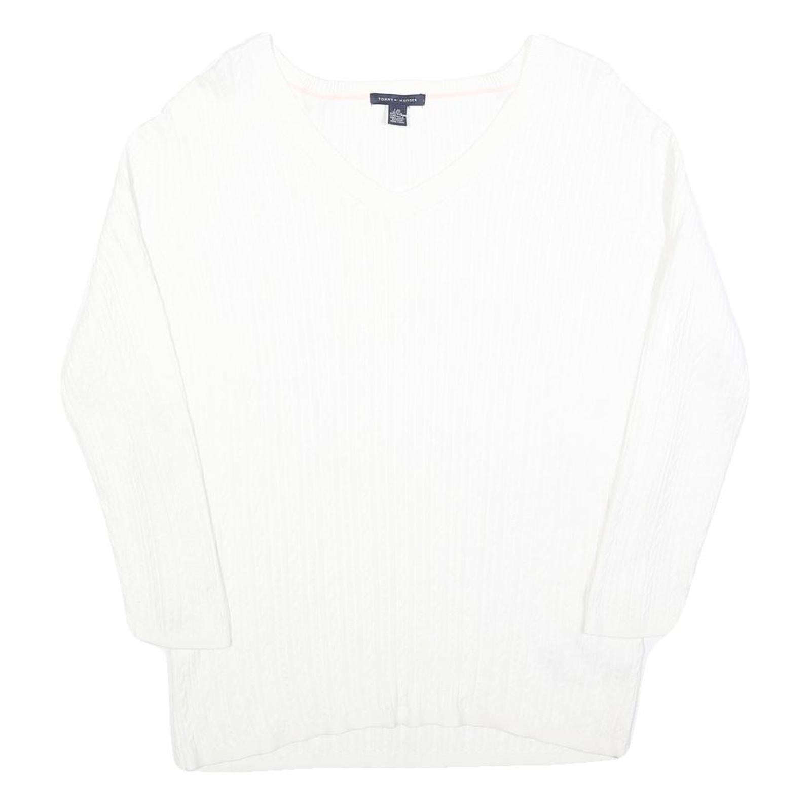 TOMMY HILFIGER Womens White Plain V Neck Cable Knit Jumper L Soft Cotton