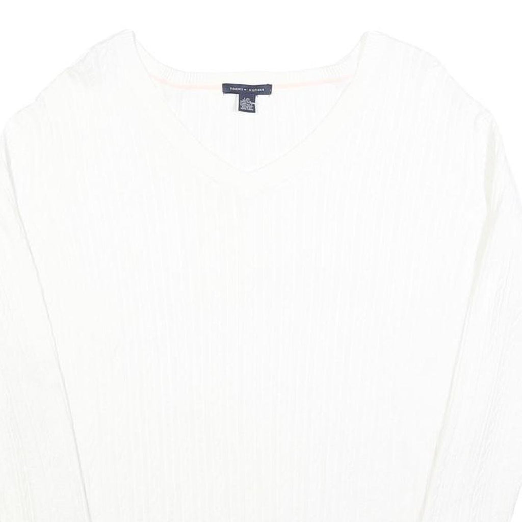 TOMMY HILFIGER Womens White Plain V Neck Cable Knit Jumper L Soft Cotton