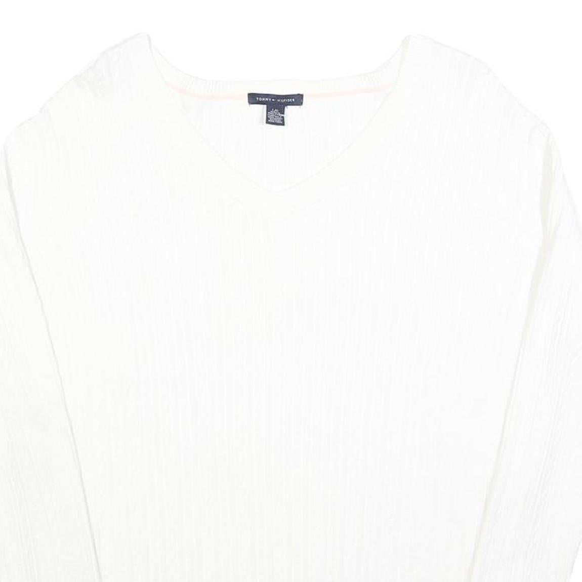 TOMMY HILFIGER Womens White Plain V Neck Cable Knit Jumper L Soft Cotton