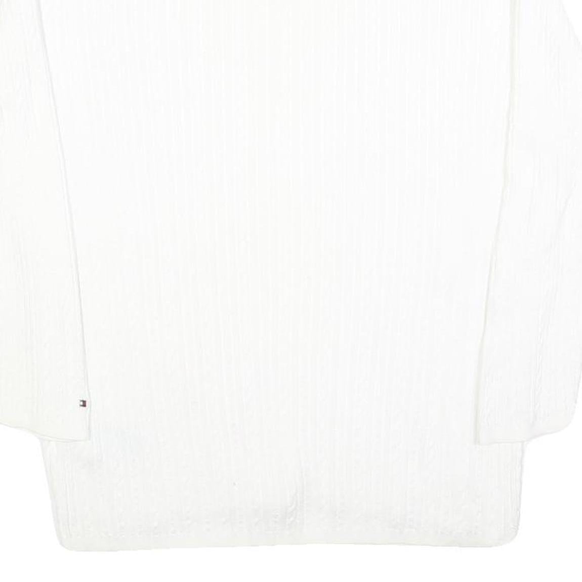 TOMMY HILFIGER Womens White Plain V Neck Cable Knit Jumper L Soft Cotton